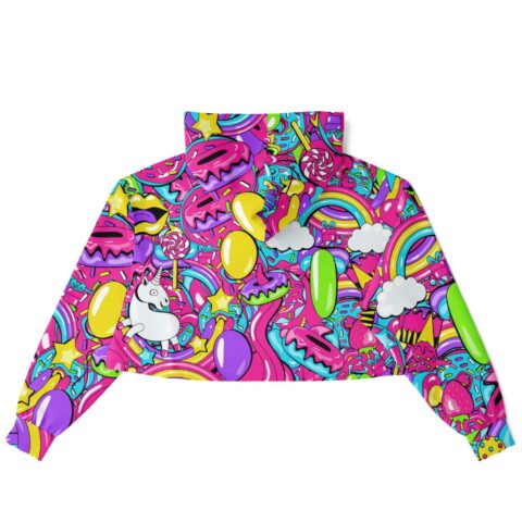 Back view of trippy rave cropped hoodie with vibrant graphic designs