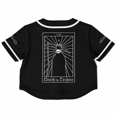 Back view of the black rave cropped baseball jersey with a bass-inspired graphic