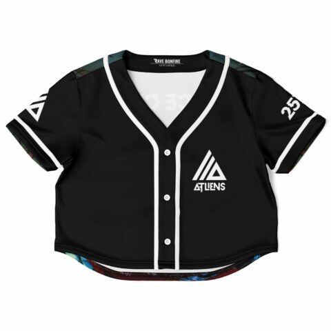 Black rave cropped baseball jersey with white accents and a centered logo