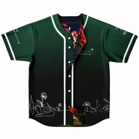 Reversible jersey front shows green-to-black gradient, white botanical linework, and colorful psychedelic lining