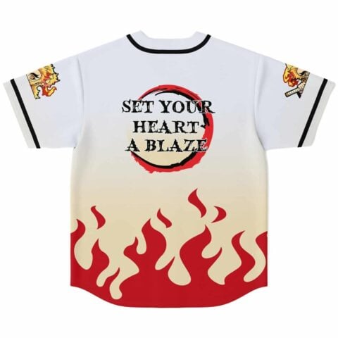 Flame-pattern jersey back view with “SET YOUR HEART A BLAZE” inside a red-black circular brushstroke