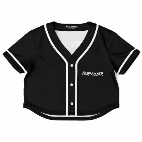 Black rave cropped baseball jersey with white text and accents