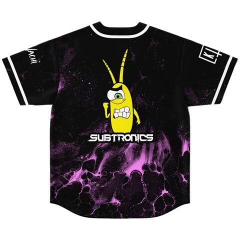 Black purple fluid marble jersey with yellow cartoon-style creature, back view