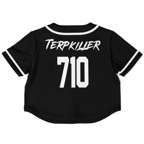 Back view of the black rave cropped baseball jersey with white graphic prints