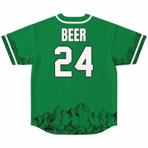 Kelly green jersey back view featuring readable BEER 24 text and illustrated mountain hem