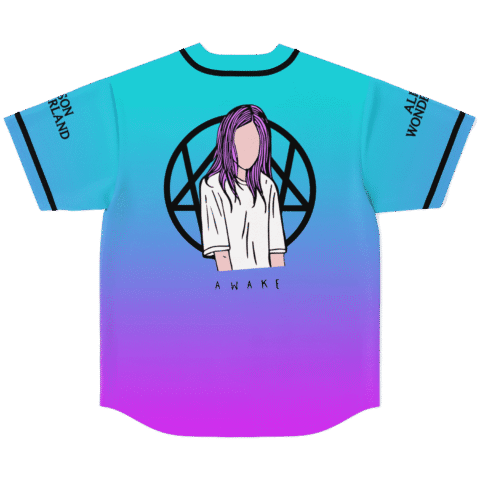 Teal-to-purple gradient jersey with purple-haired figure, geometric circle, and “AWAKE” text on back view