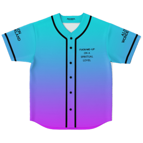 Teal-to-purple gradient jersey with crossed-out “FUCK ME UP” and “ON A SPIRITUAL LEVEL” front view