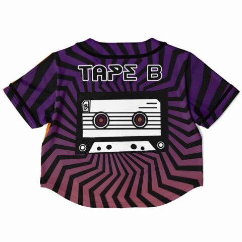 Back view of the cassette design rave cropped baseball jersey with purple stripes and a cassette