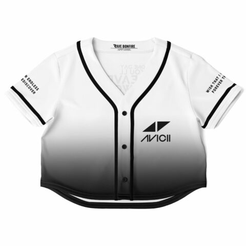 Front view of the gradient logo rave cropped baseball jersey with a gradient design and logo