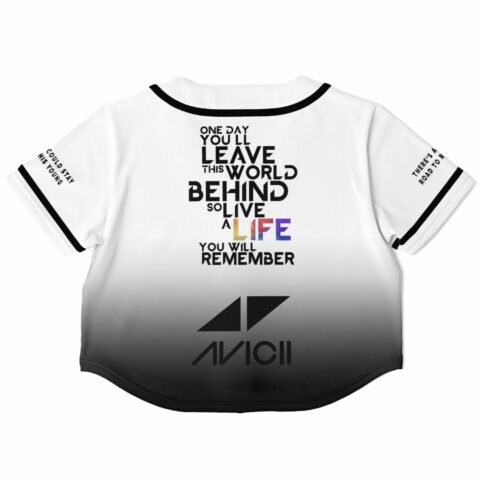 Back view of the gradient rave cropped baseball jersey with text over the gradient design
