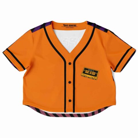 Vibrant orange rave cropped baseball jersey with a cassette design