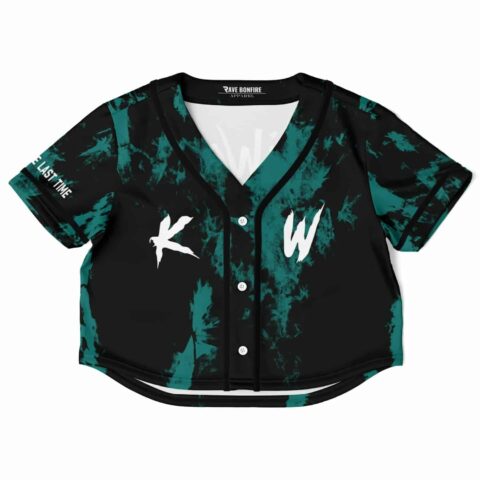 Black and teal rave cropped baseball jersey with bold lettering, front view