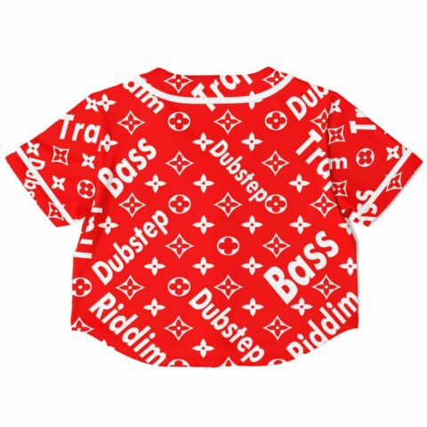 Back view of the red bass music print rave cropped baseball jersey with music-themed graphic elements