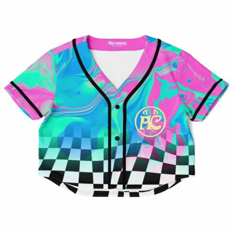 Vibrant pink, blue and green marbled rave cropped baseball jersey