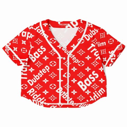 Red rave cropped baseball jersey with a bass-inspired music print