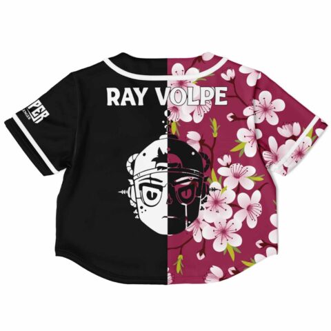 Back view of the rave cropped baseball jersey with a floral graphic illustration