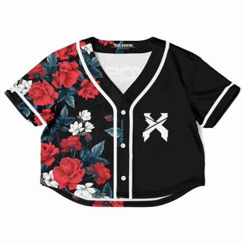 Black floral rave cropped baseball jersey, front view with floral design