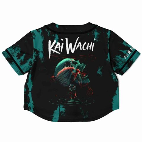 Back view of the black rave cropped baseball jersey with a vibrant skull graphic