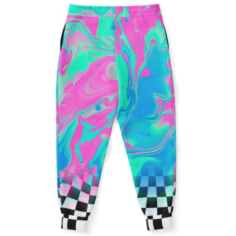 Back view of psychedelic checkered rave joggers with the colorful pattern
