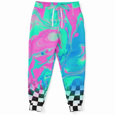 Trippy acid rave joggers with a vibrant pink and blue swirling design
