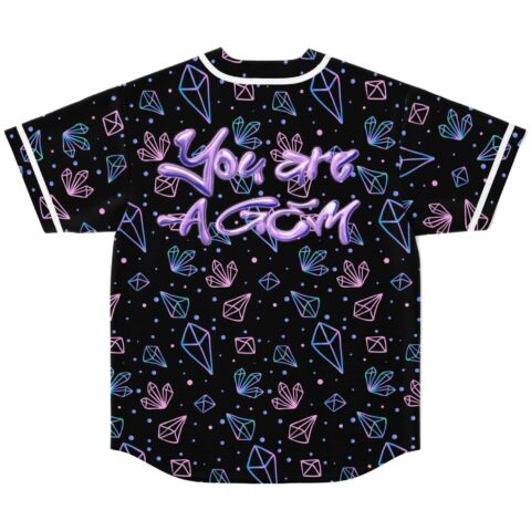Black gem pattern rave baseball jersey with colorful gems and text design