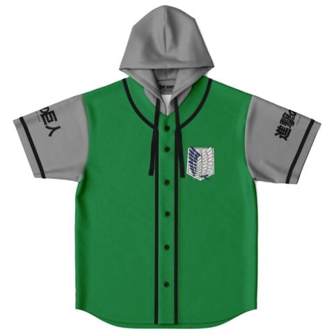 Winged shield emblem on green jersey with black piping and gray hood, flat-lay front view
