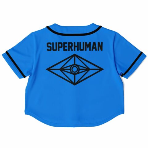 Back view of the blue rave cropped baseball jersey with a bold black eye design