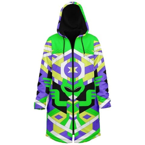 Geometric alien-patterned cloak front view with neon green hood, zipper, and angular purple panels