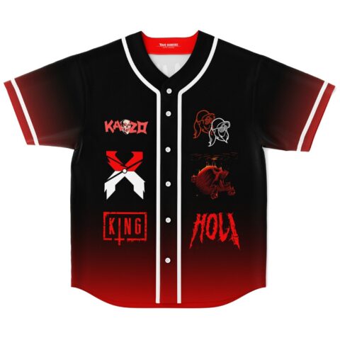 Wooli fan rave baseball jersey front view: red and white emblems, skull artwork and button front on black fading to red