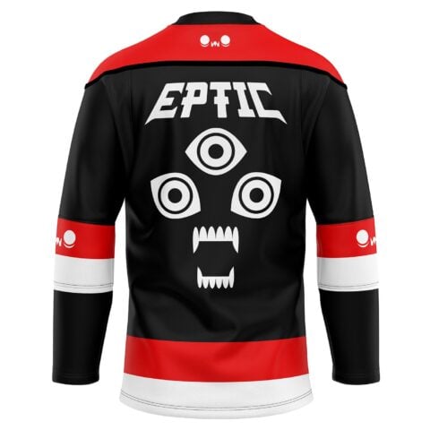 Back view of black occult graphic jersey featuring three eyes, fanged mouth, and red-white stripes
