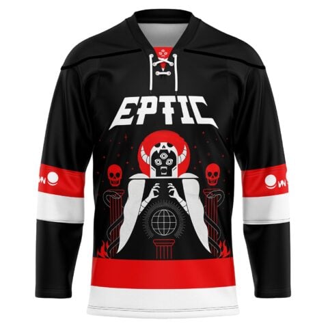 Black occult graphic jersey front with hooded skull, red halo, snakes, and mystical globe design