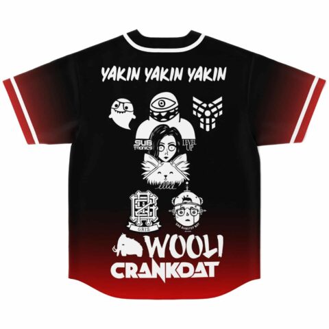 Wooli fan rave baseball jersey back view: black and red cartoon mascot lineup with bold lettering