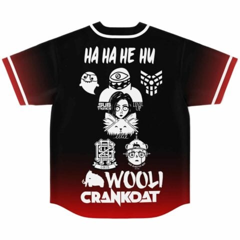 Wooli fan rave baseball jersey back view: cartoon mascot lineup with bold lettering on a black-to-red gradient