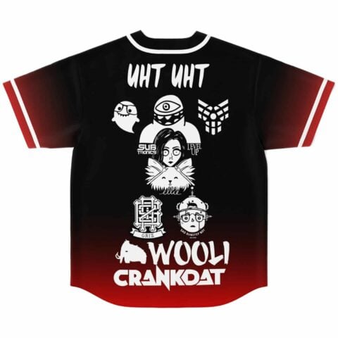Wooli fan rave baseball jersey back view: white illustrated cartoon figures lined up on a black-to-red gradient