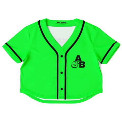 Vibrant green rave cropped baseball jersey with black accents and letters