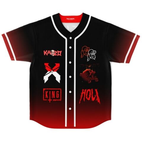 Wooli fan rave baseball jersey front view: red-and-white cartoon emblems and bold lettering on a black-to-red gradient