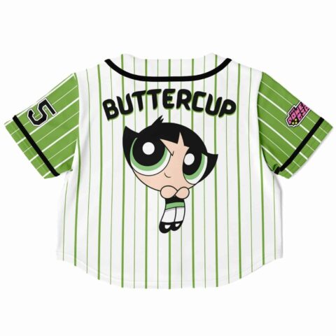 Back of the green striped rave cropped baseball jersey with a graphic and text