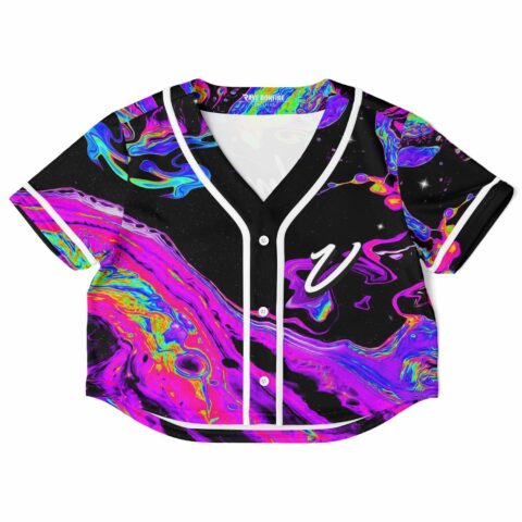 Vibrant pink, blue and purple swirl Umphrey's McGee fan rave cropped baseball jersey