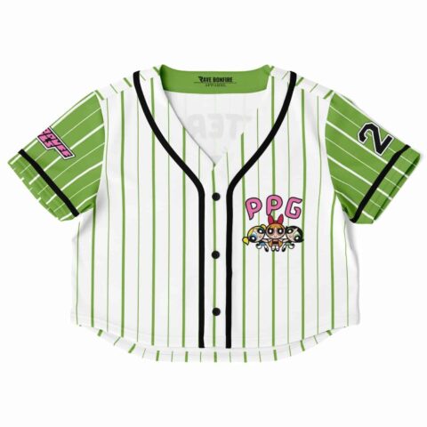 Green striped rave cropped baseball jersey with a colorful graphic on the front