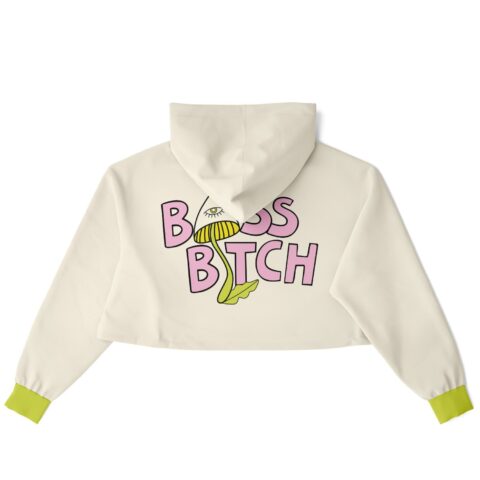 Bass bitch rave cropped hoodie, back view with large pink lettering