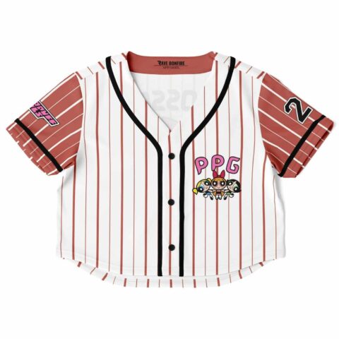 Red and white striped rave cropped baseball jersey with cartoon-style characters