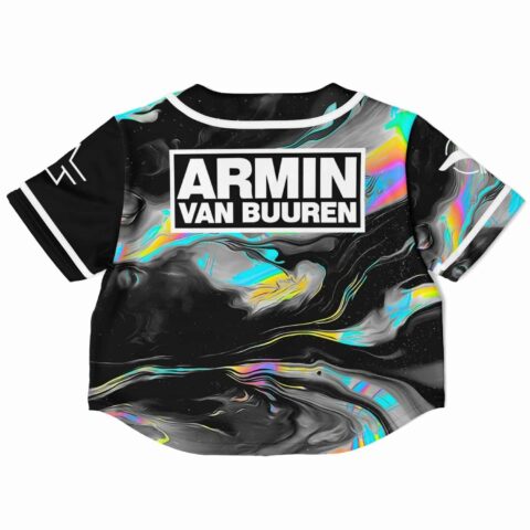 Back view of the rave cropped baseball jersey with bold text and vibrant abstract design