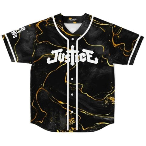 Liquid marble rave jersey front with gold veining, white “JUSTICE” lettering, and black button placket