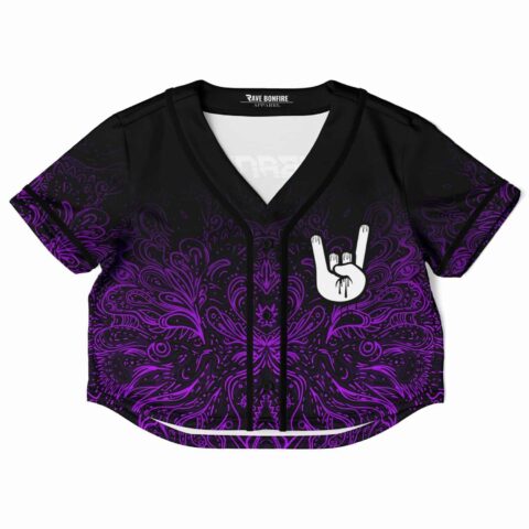 V-neck rave cropped baseball jersey with swirling purple patterns and hand gesture