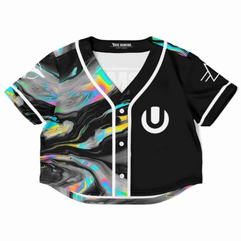 Black and colorful marble pattern rave cropped baseball jersey, short-sleeve