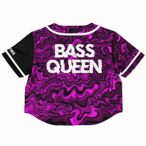 Rave cropped baseball jersey with a vibrant purple marbled design and printed text