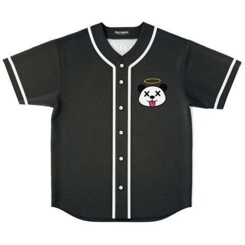 Cartoon-style panda face with halo and tongue, shown on black jersey front with white piping