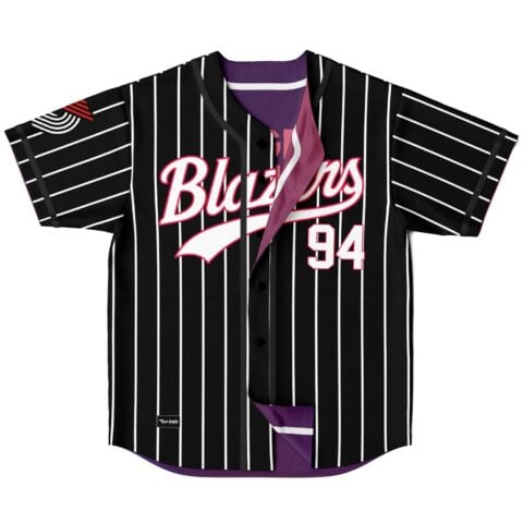 Black pinstripe jersey front view with Busters script, number 94, and purple reversible lining
