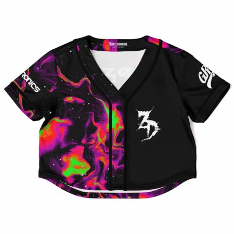 Vibrant color swirl and logo on a custom rave cropped baseball jersey