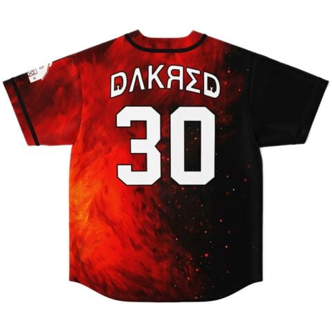 Fiery red-black dragon artwork back view featuring stylized DΛKЯΣD text and bold number 30
